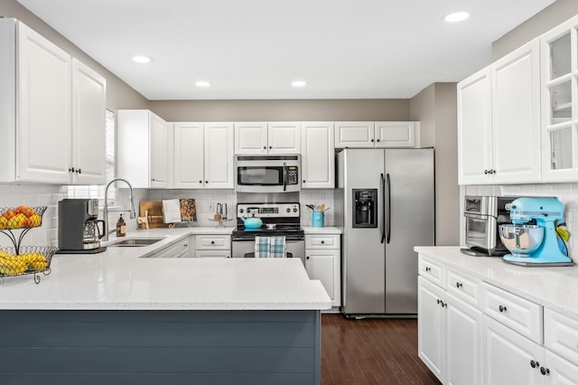 kitchen with appliances with stainless steel finishes, light countertops, a sink, and dark wood-style floors