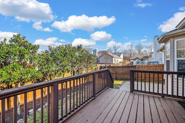 wooden deck with a fenced backyard and a residential view