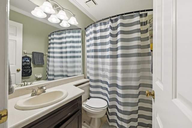 bathroom featuring toilet, a shower with shower curtain, vanity, visible vents, and crown molding