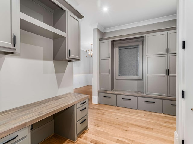 mudroom featuring ornamental molding and light wood-type flooring