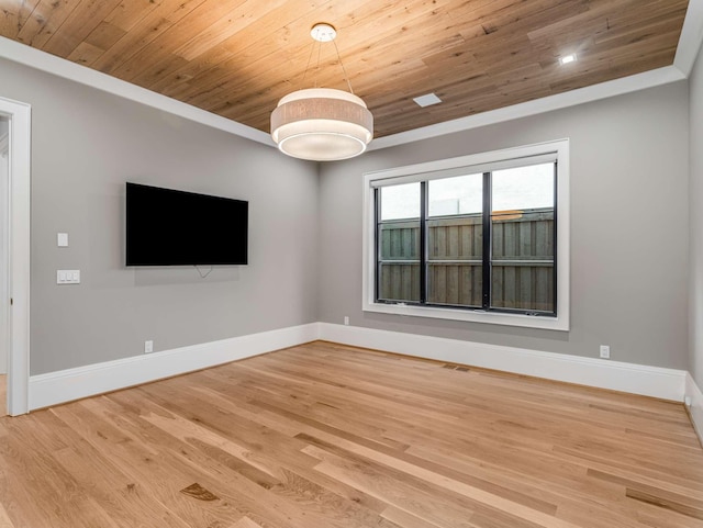 unfurnished living room with light wood-type flooring, wood ceiling, visible vents, and baseboards