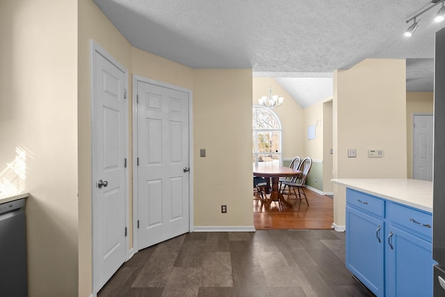 kitchen with dark wood finished floors, lofted ceiling, hanging light fixtures, light countertops, and a textured ceiling