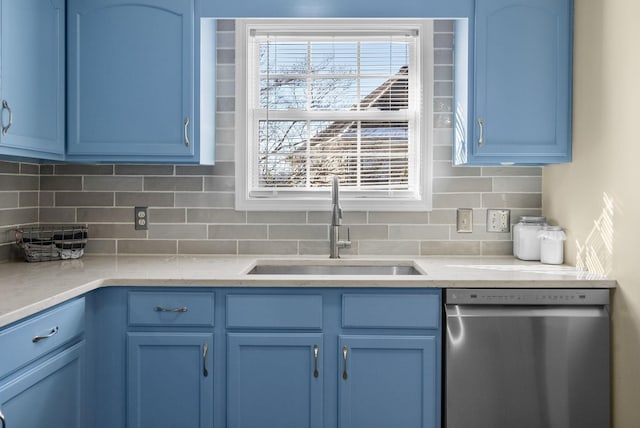 kitchen with blue cabinetry, light countertops, and dishwasher