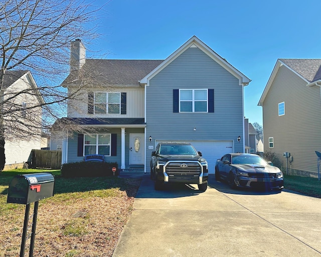 traditional home featuring driveway, a chimney, an attached garage, and fence