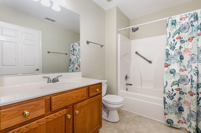 bathroom featuring toilet, visible vents, shower / bath combo with shower curtain, and vanity