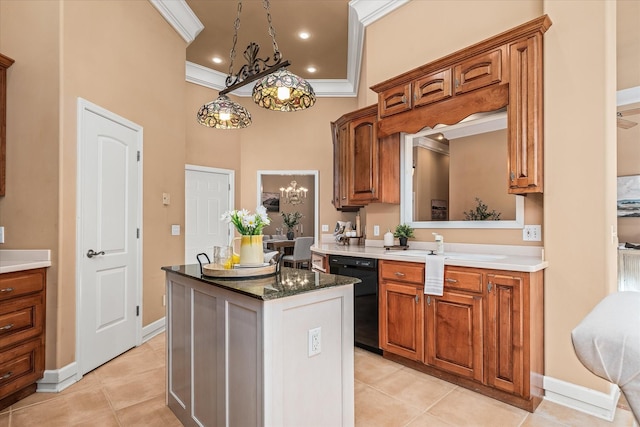 kitchen featuring a center island, pendant lighting, brown cabinets, crown molding, and dishwasher