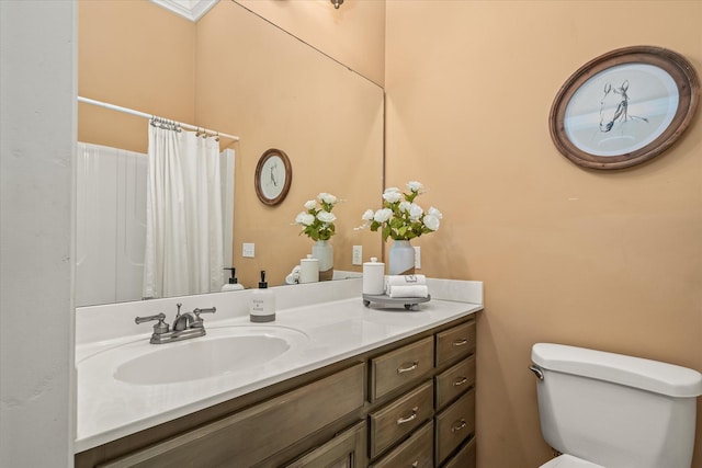 full bath featuring toilet, vanity, and a shower with curtain