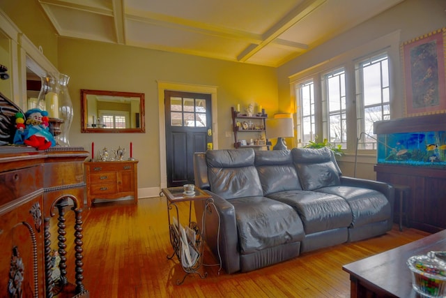 living area with coffered ceiling, wood finished floors, and a wealth of natural light