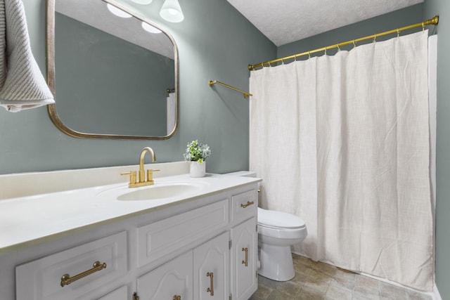 full bathroom with a shower with curtain, a textured ceiling, toilet, and vanity