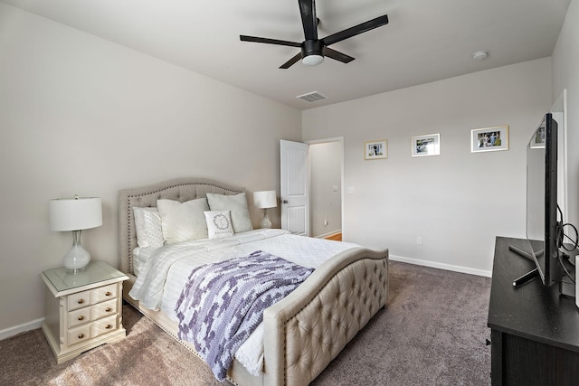 bedroom with baseboards, visible vents, dark carpet, and a ceiling fan