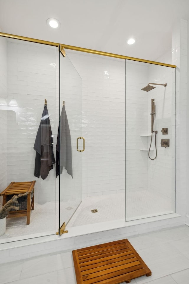 full bathroom with a shower stall, tile patterned flooring, and recessed lighting