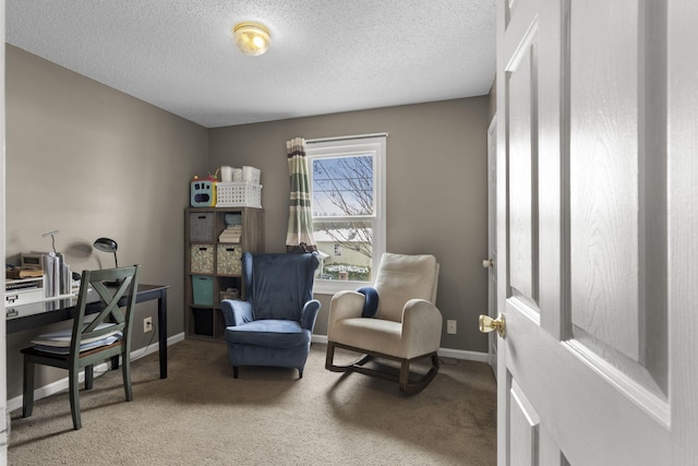 carpeted office with a textured ceiling and baseboards