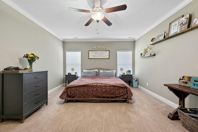 bedroom featuring crown molding, baseboards, a ceiling fan, and light colored carpet