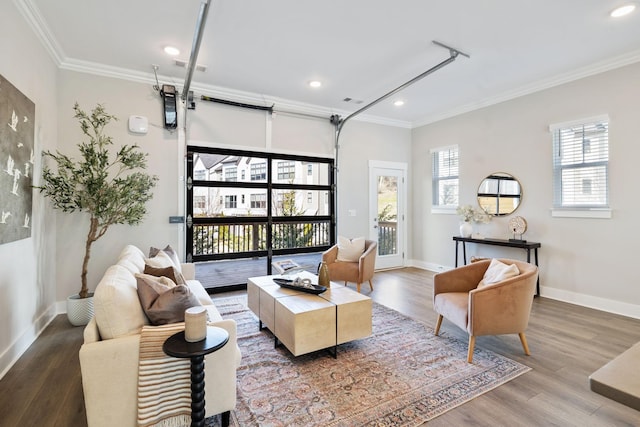 living area featuring baseboards, wood finished floors, and crown molding