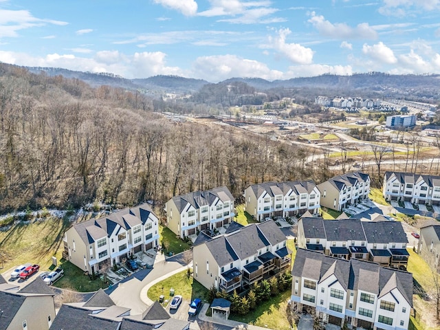 aerial view featuring a residential view and a mountain view