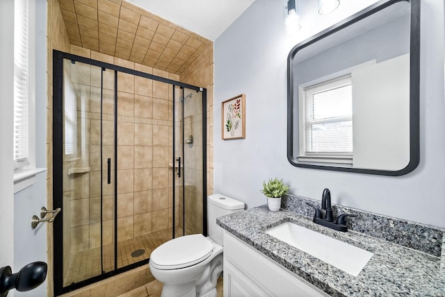 full bathroom featuring toilet, a stall shower, and vanity