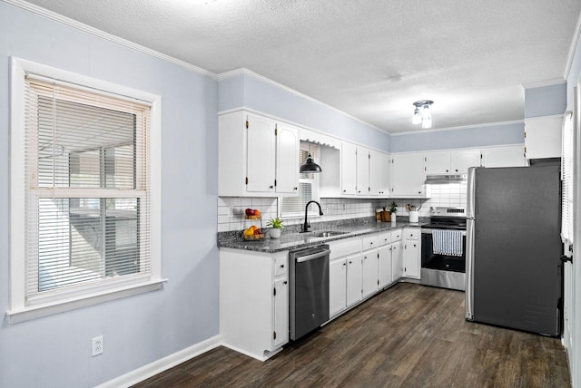 kitchen featuring under cabinet range hood, stainless steel appliances, dark wood-style flooring, a sink, and white cabinetry