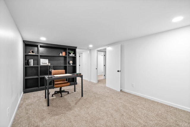 office with baseboards, recessed lighting, and light colored carpet