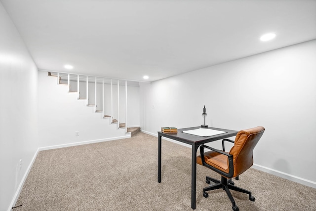 office with carpet floors, recessed lighting, and baseboards