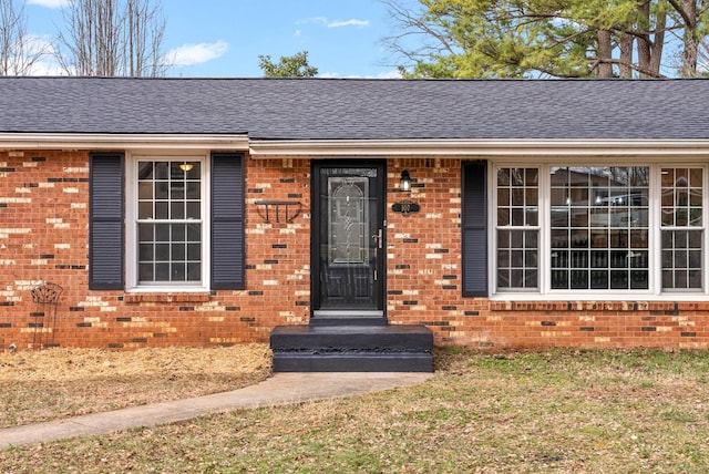 doorway to property with a shingled roof, brick siding, and a yard