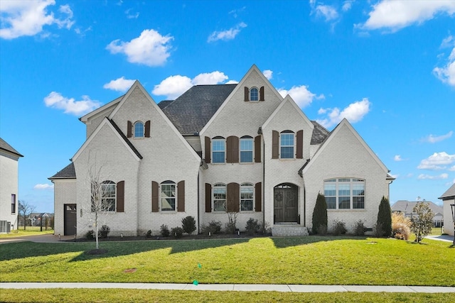 french country inspired facade with brick siding and a front lawn