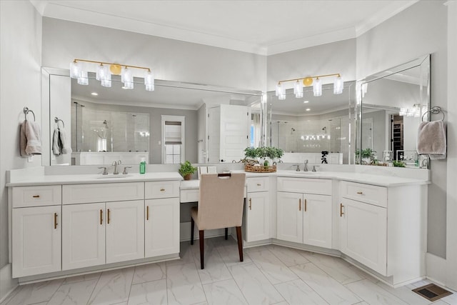 bathroom featuring ornamental molding, visible vents, a sink, and a shower stall