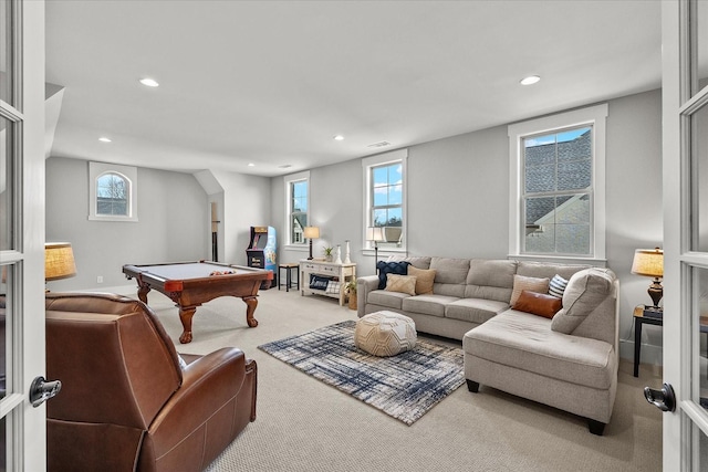 recreation room with recessed lighting, carpet, visible vents, and pool table