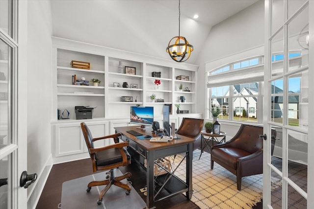 office area featuring lofted ceiling, dark wood-style flooring, and recessed lighting