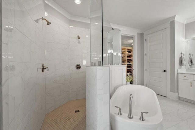 full bathroom with marble finish floor, a shower stall, crown molding, and a freestanding bath