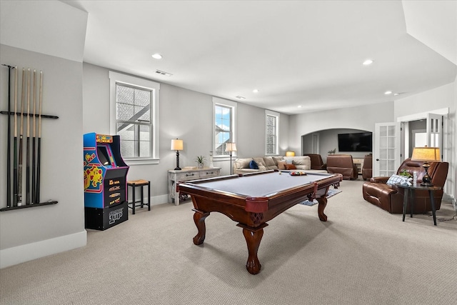 playroom featuring recessed lighting, light colored carpet, billiards, visible vents, and baseboards