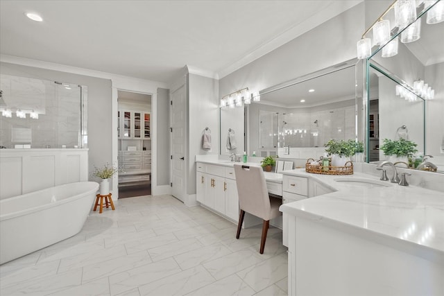 bathroom featuring vanity, a freestanding bath, marble finish floor, ornamental molding, and a shower stall