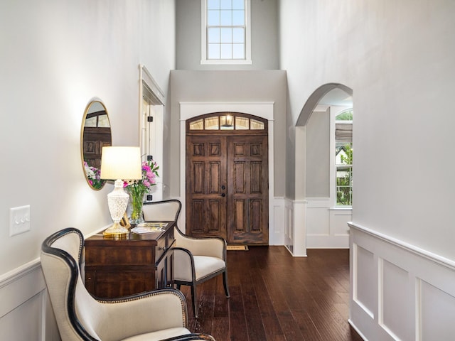 5562 Hardeman Springs Blvd, Arrington, TN 37014 - entryway with healthy amount of natural light, a wainscoted wall, dark wood-style floors, arched walkways, and a towering ceiling
