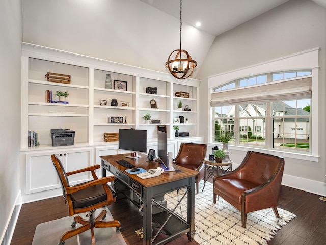 5562 Hardeman Springs Blvd, Arrington, TN 37014 - office featuring a chandelier, baseboards, dark wood-type flooring, and high vaulted ceiling