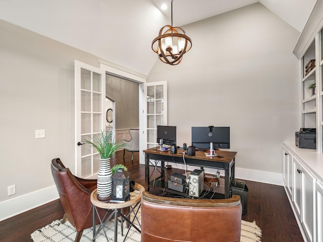 5562 Hardeman Springs Blvd, Arrington, TN 37014 - office area with baseboards, french doors, a chandelier, dark wood-type flooring, and high vaulted ceiling