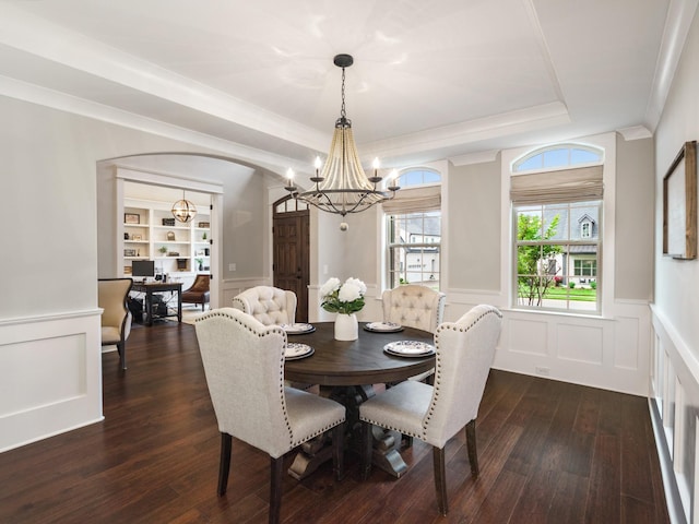 5562 Hardeman Springs Blvd, Arrington, TN 37014 - dining area with a chandelier, crown molding, a tray ceiling, a decorative wall, and dark wood-style floors