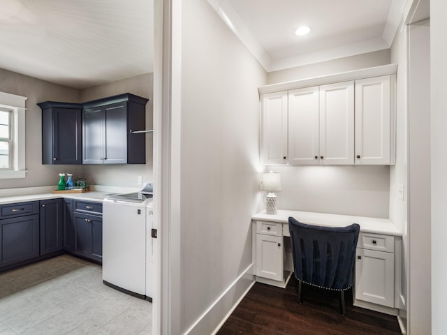 5562 Hardeman Springs Blvd, Arrington, TN 37014 - laundry area featuring cabinet space, an office area, baseboards, recessed lighting, and washer and clothes dryer