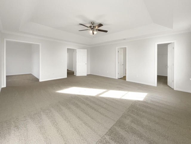 unfurnished bedroom featuring a tray ceiling, a spacious closet, and baseboards