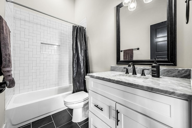 bathroom with shower / bath combination with curtain, vanity, toilet, and tile patterned floors