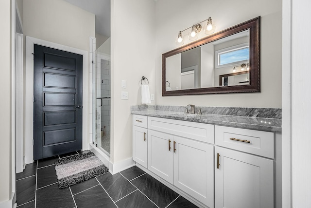 full bathroom with a stall shower and vanity