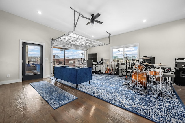 living room with recessed lighting, dark wood finished floors, baseboards, and ceiling fan