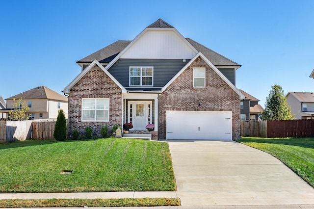 view of front facade featuring driveway, brick siding, and fence