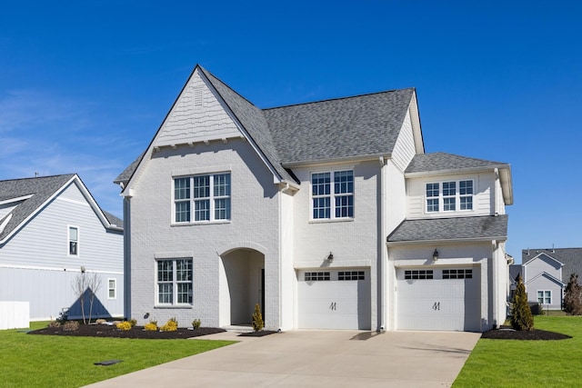 view of front of house featuring a garage, driveway, brick siding, roof with shingles, and a front yard