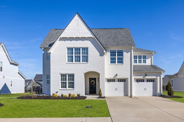 view of front of property with brick siding, a shingled roof, an attached garage, a front yard, and driveway