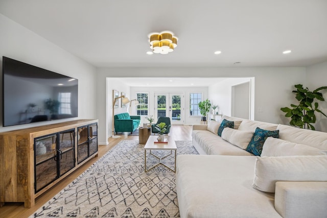 living area with french doors, a fireplace, wood finished floors, and recessed lighting