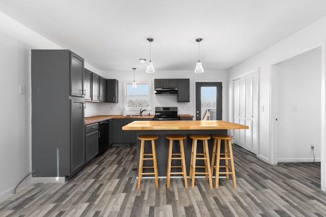 kitchen featuring a center island, a sink, wood counters, range with electric cooktop, and dishwasher