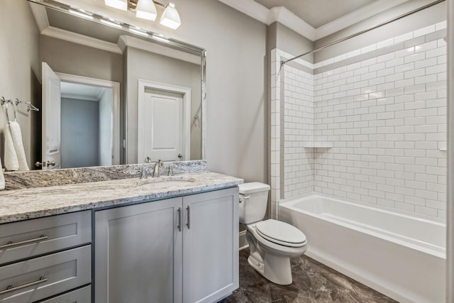 bathroom with shower / bathtub combination, ornamental molding, toilet, and vanity