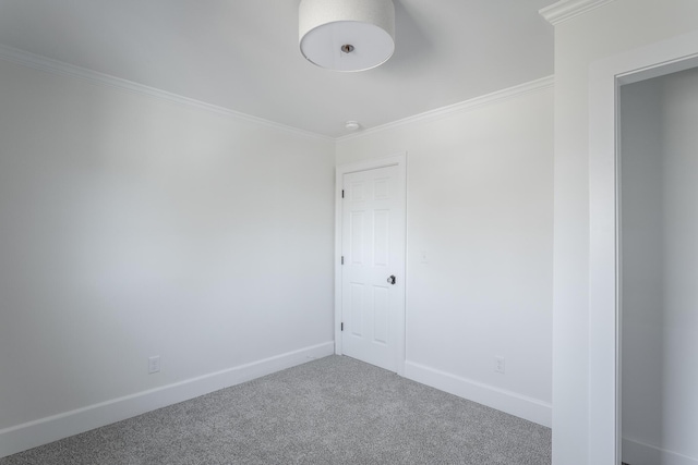 carpeted spare room with crown molding and baseboards