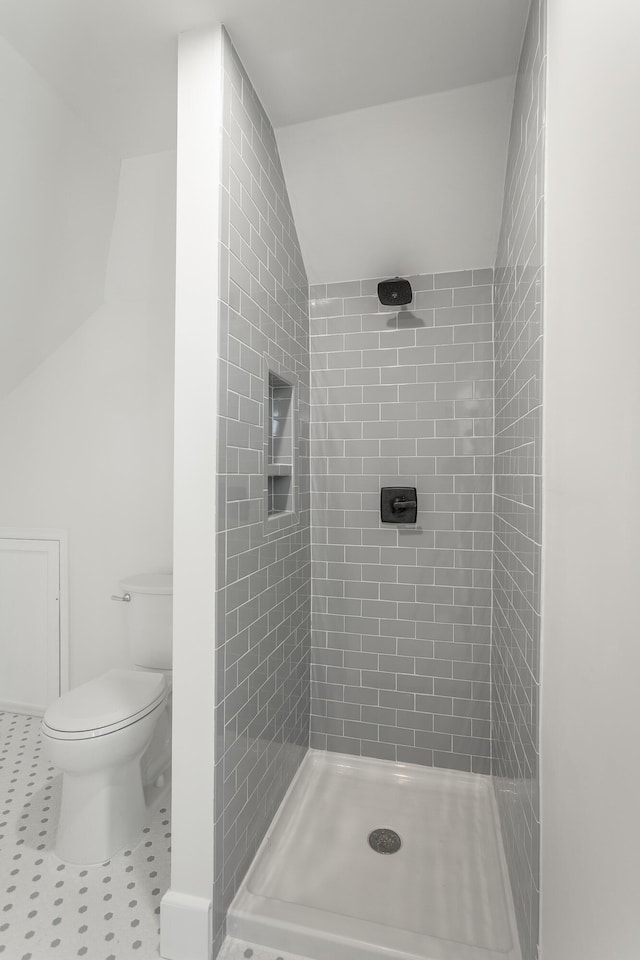 bathroom featuring toilet, a shower stall, and tile patterned flooring