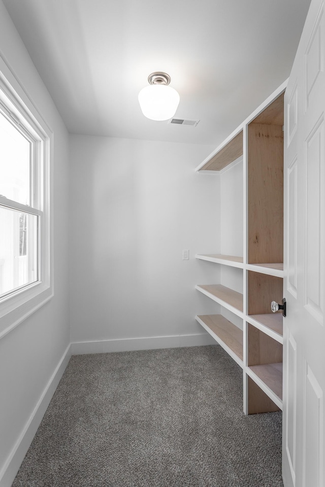 spacious closet with visible vents and dark carpet