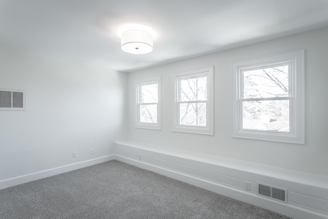 interior space with baseboards, visible vents, and carpet flooring